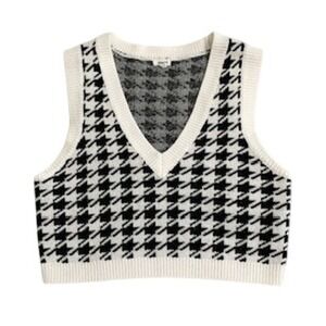 Garage Houndstooth Sweater Vest Black White V-Neck Knit Crop Top Womens Small
